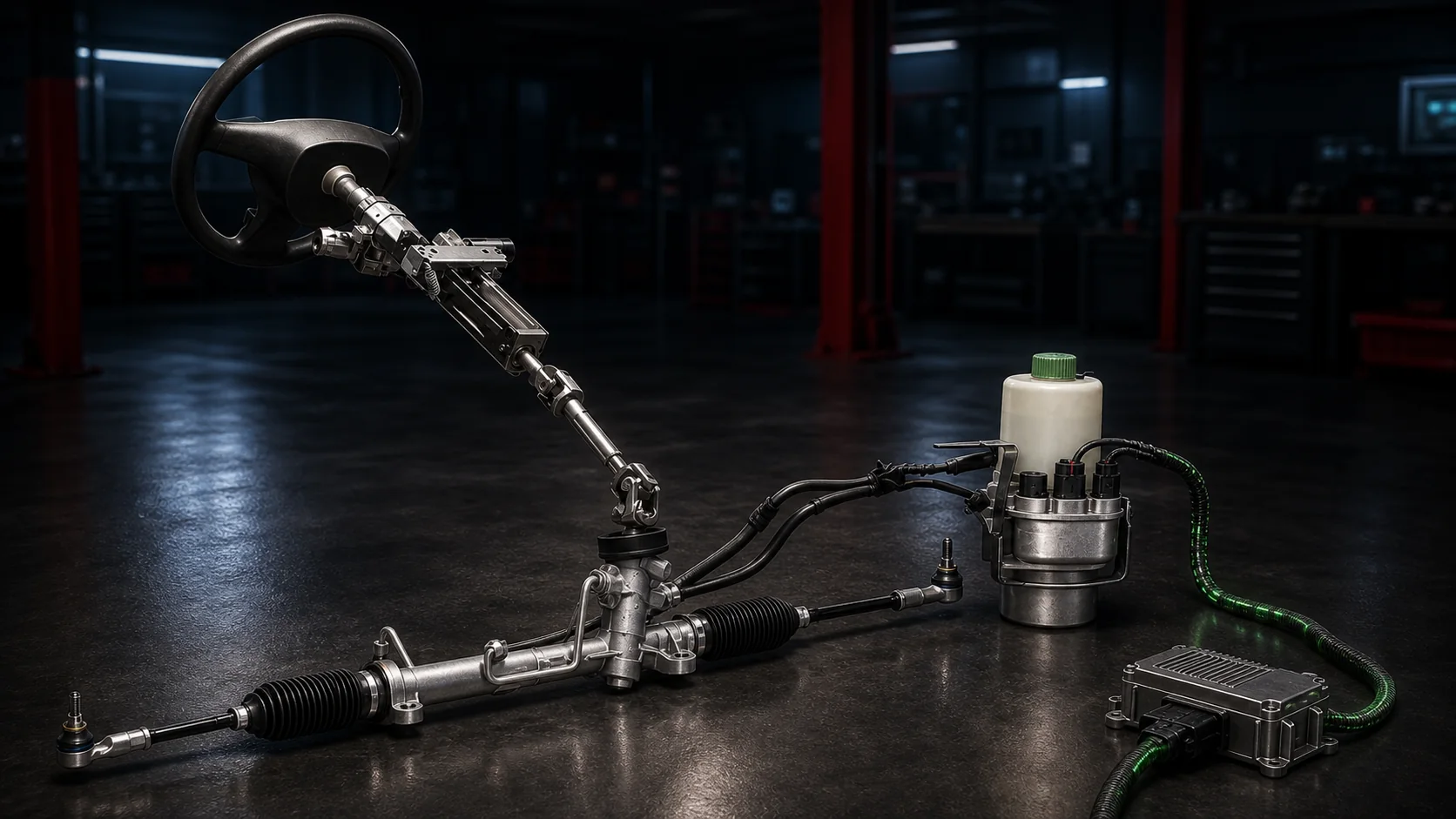 3D schéma elektrohydraulického servo čerpadla EHPS a riadenia